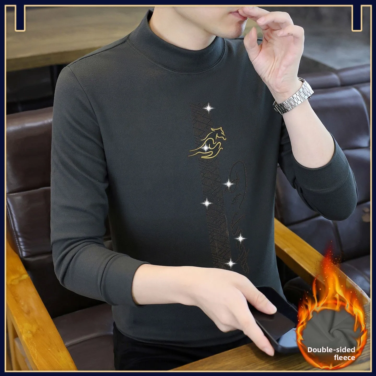 

Men's Warm Fce-lined Brued T-irt Mid-ne Base irt Diamond Print Winter Thiened f-high Collar Top Polyester Fiber