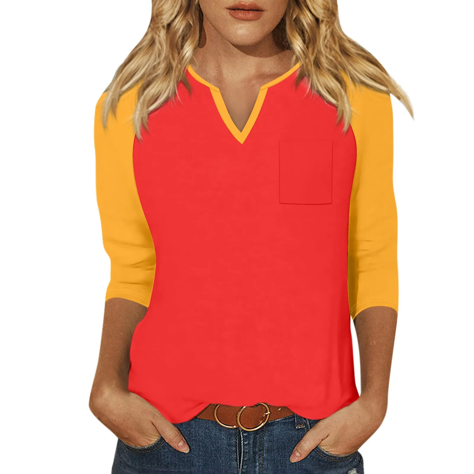 قمصان فضفاضة للنساء ، ملابس علوية برقبة على شكل حرف V ، أكمام رجلان غير رسمية ، ألوان متباينة مرقعة ، كلاسيكية تطابق جميع الألوان ، الموضة ، بأكمام