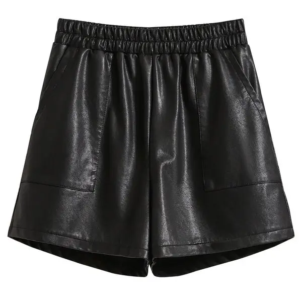 High-waisted Fashion Slimming Straight-leg Shorts Women's Draped Autumn/winter Shorts Pu Leather Wide-leg Shorts New Model M61