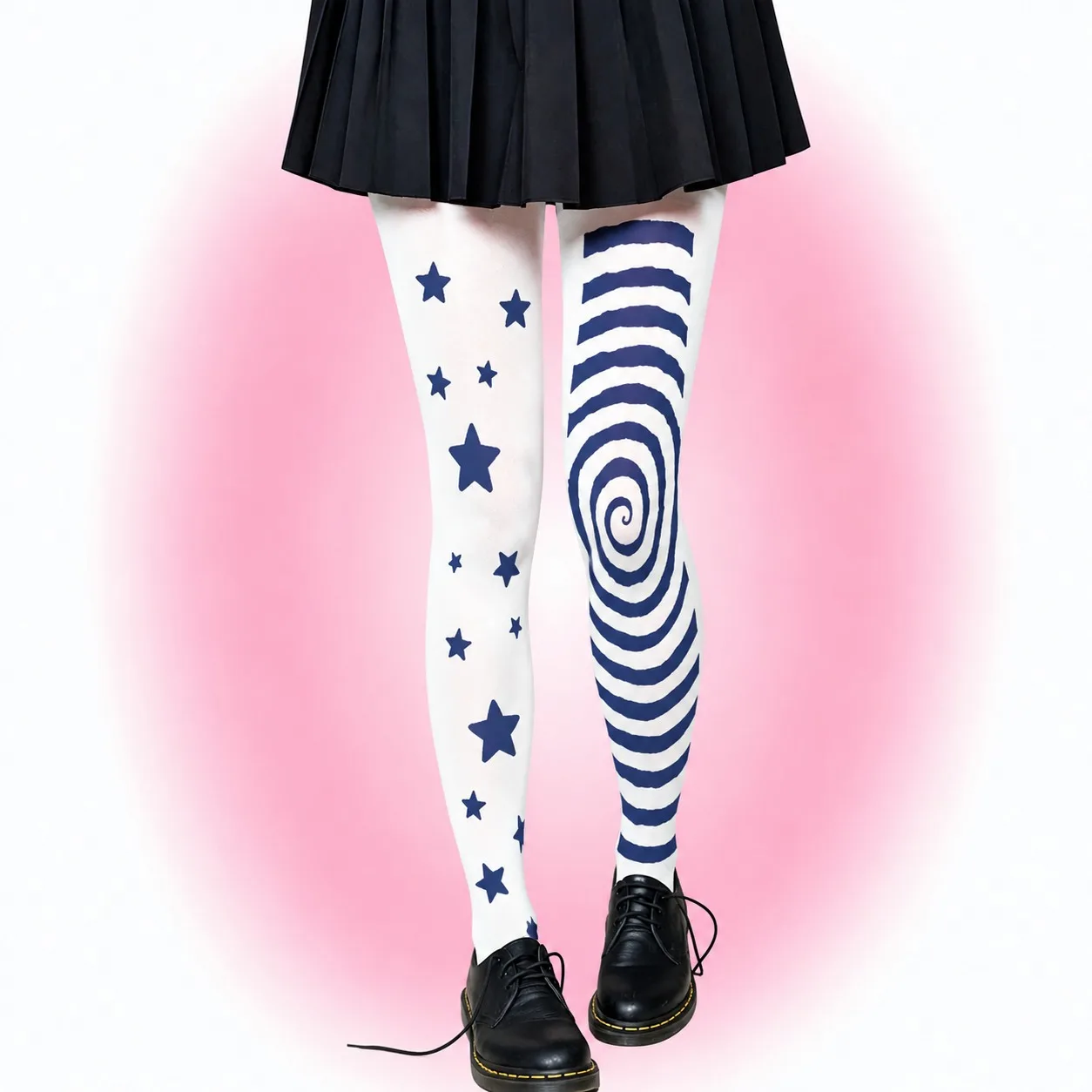 Asymmetric Print Tights Women Star Spiral Pattern Pantyhose White Blue Contrast Color Full Length Stockings Cosplay Party Costum