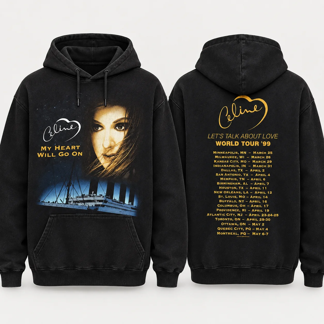 Celine Dion Vintage Washed Hoodie My Heart Will Go on Let's Talk about Love 1999 World Tour Graphic Hooded Sweatshirt Men Women