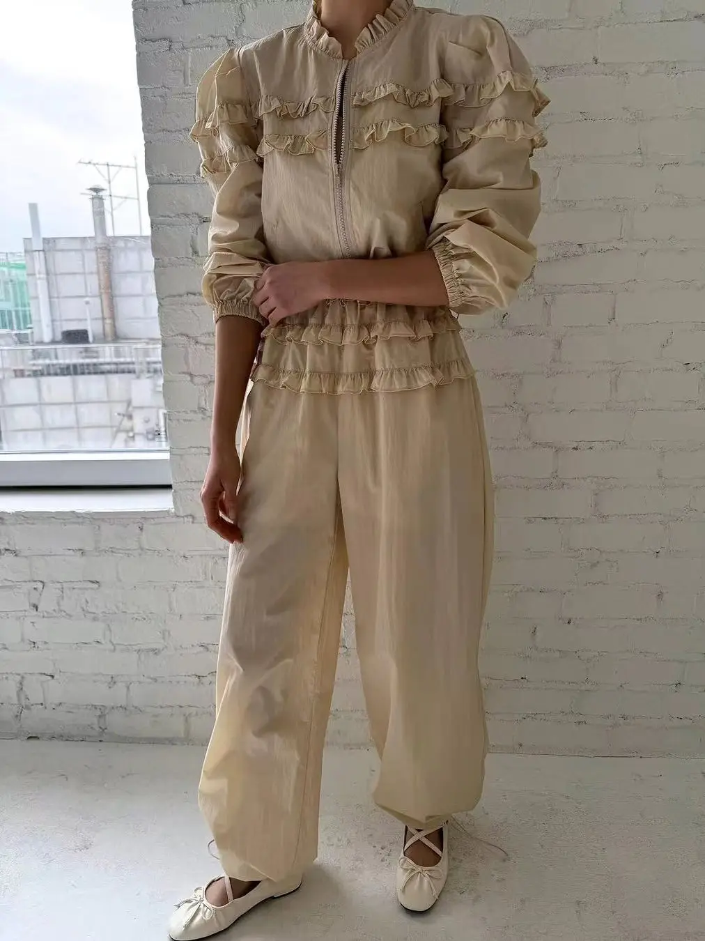 Giacca a vento ampia Bubble Sve da donna Jaet Zipper Splice Pantaloni casual Set Anti-età Poliestere versatile Primavera Faion