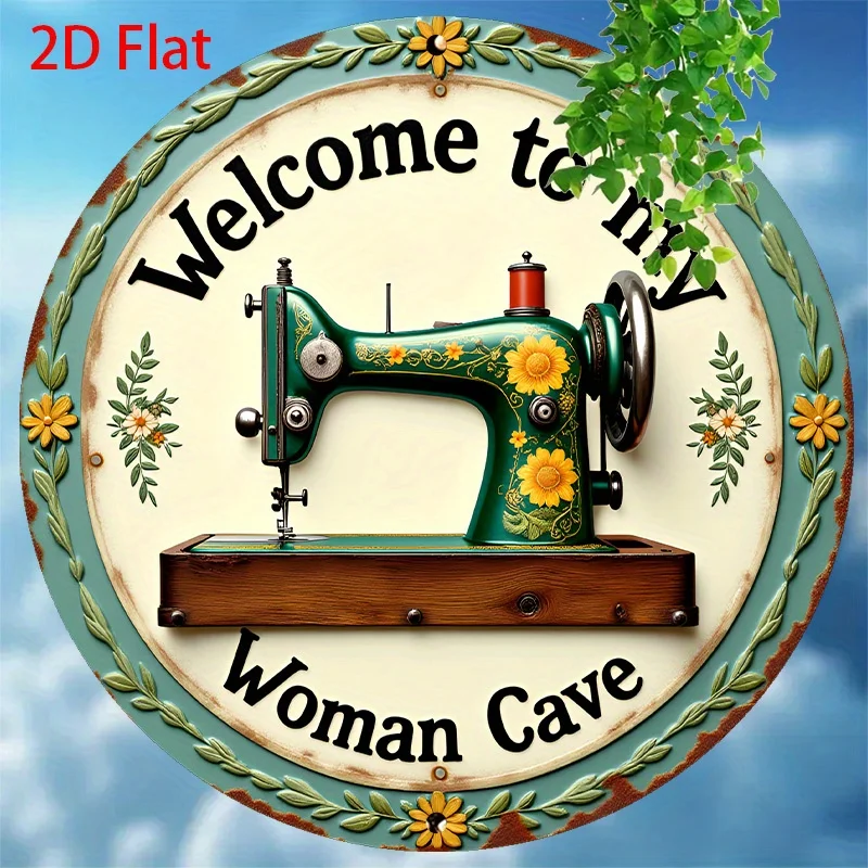 2D flach, 1 Stück rundes Retro-Vintage-Aluminium-Blechschild Wandkunst – „Welcome to My Woman Cave“ mit Blumen- und Blattdesign, grüner Hintergrund
