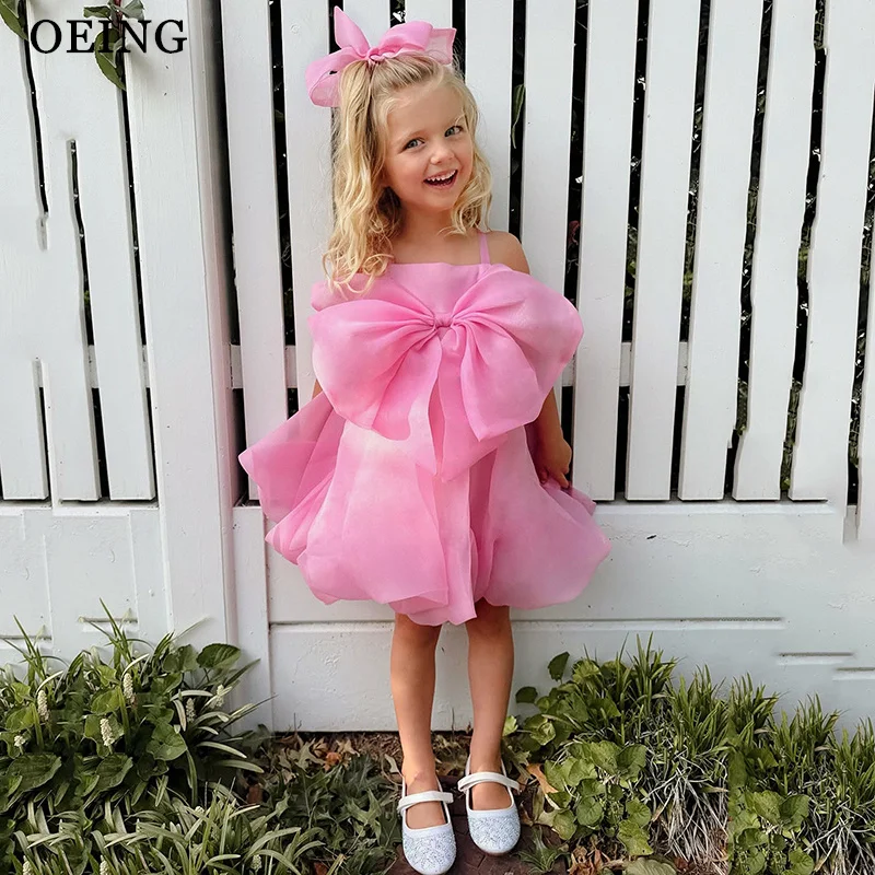 

Простое ярко-розовое платье для девочек OEING, А-силуэт, с большим бантом, квадратным воротником, рюшами, мини-платье принцессы для дня рождения, на заказ