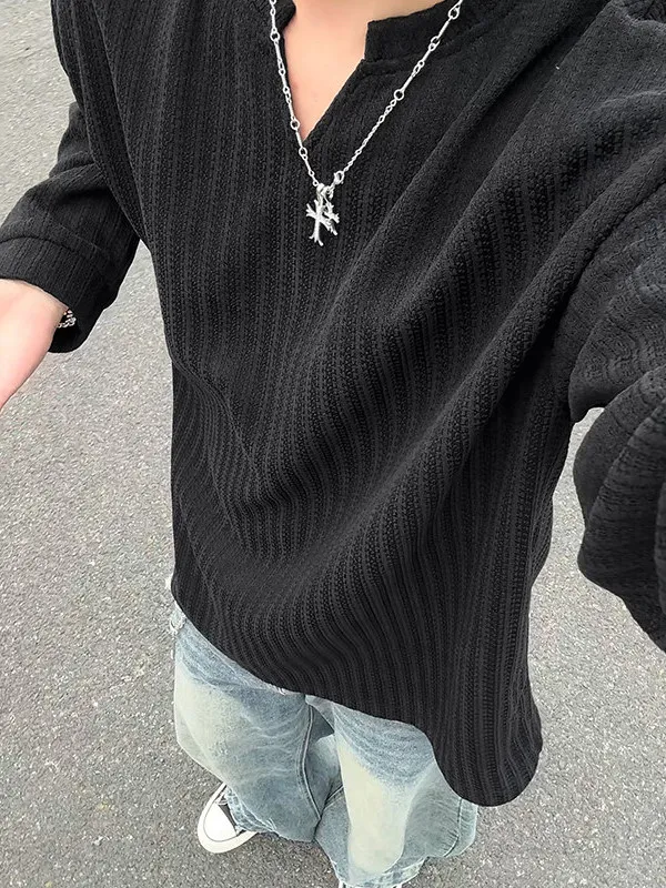 Men's V-neck Long Sleeve T-shirt Fishbone Pattern Loose Fit Color Block Base Shirt American Style Casual Loose Top