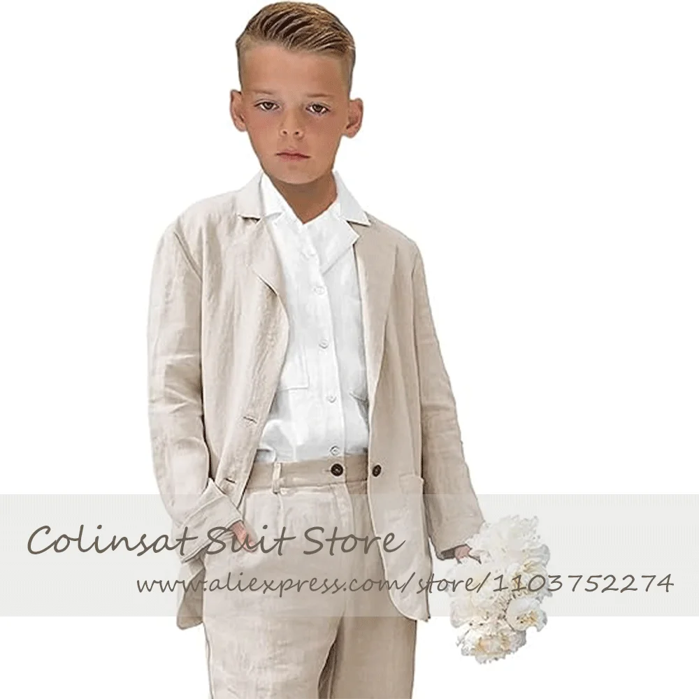 Page Boy Suit for Wedding Prom Beige Linen Boy's Suits 2 Pieces Blazer Jacket Pants Casual Single Breasted Kids Costume New