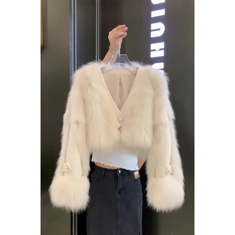 

Cropped Faux Fur Coat Women Fashion V Neck Fluffy Jacket Winter Ladies Korean Long Sleeve Thicken Warm Furry Outerwears