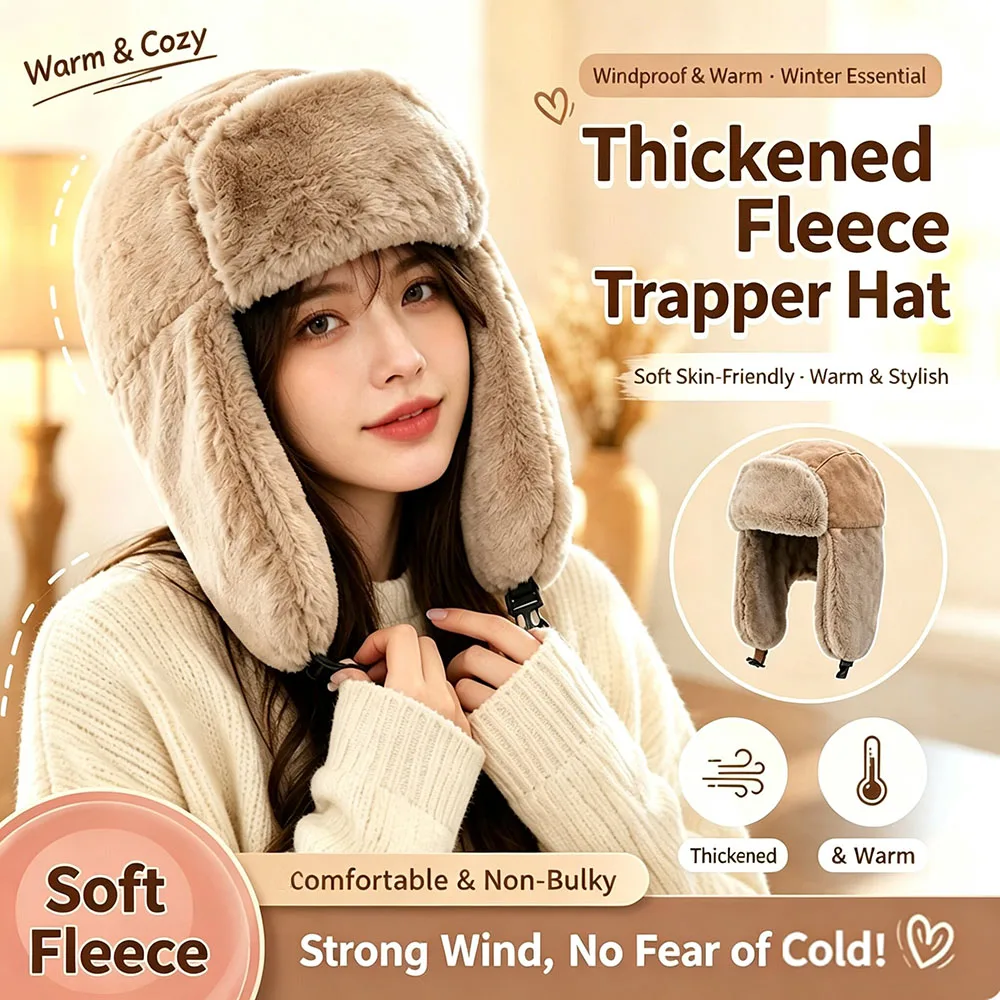 Unisex Thick Plush Trapper Hat Russian Ushanka Snow Caps Earflap Warm Winter Outdoor Windproof Fur Fleece Lined Cozy Soft
