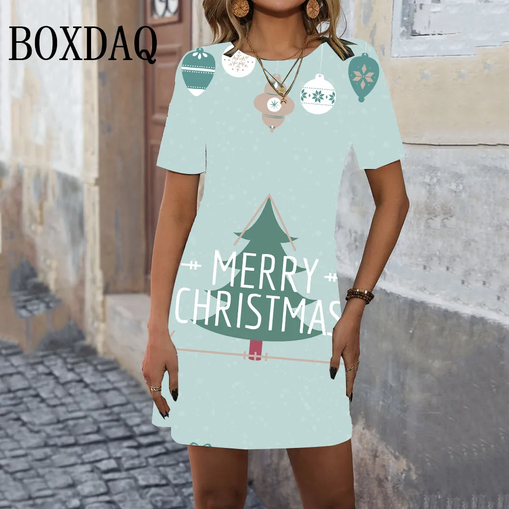 Dames Kerstkleding Winter Feest Kerst Hot Sale 3d Print Jurk Kerst Casual Korte Mouw Mode Losse A-Lijn Jurk