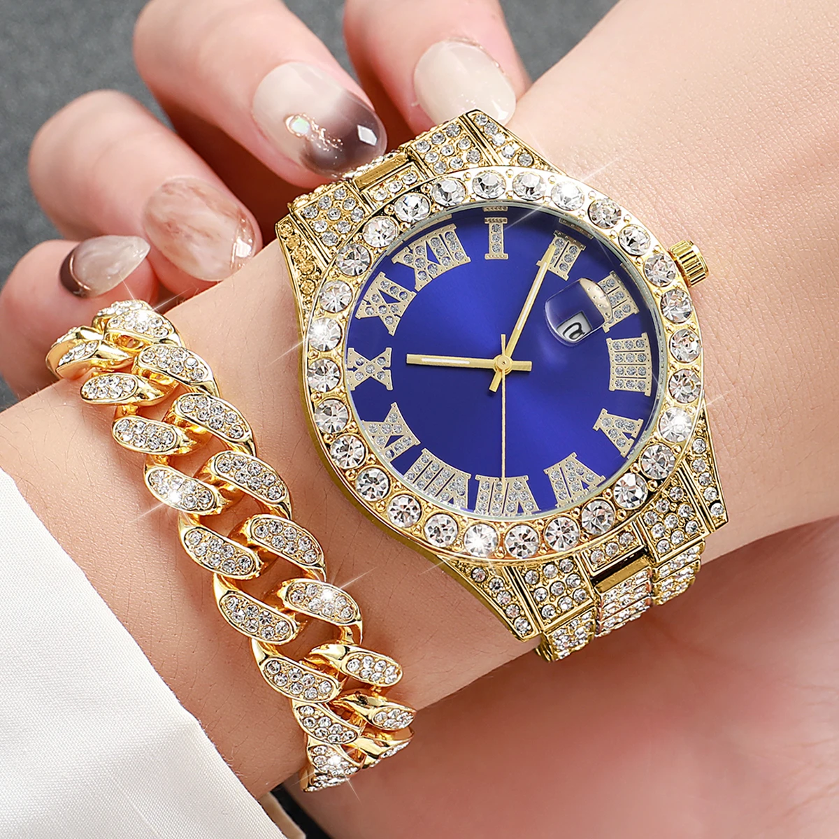 2PCS Luxury Rhinestone Men's Analog Quartz Watch Set