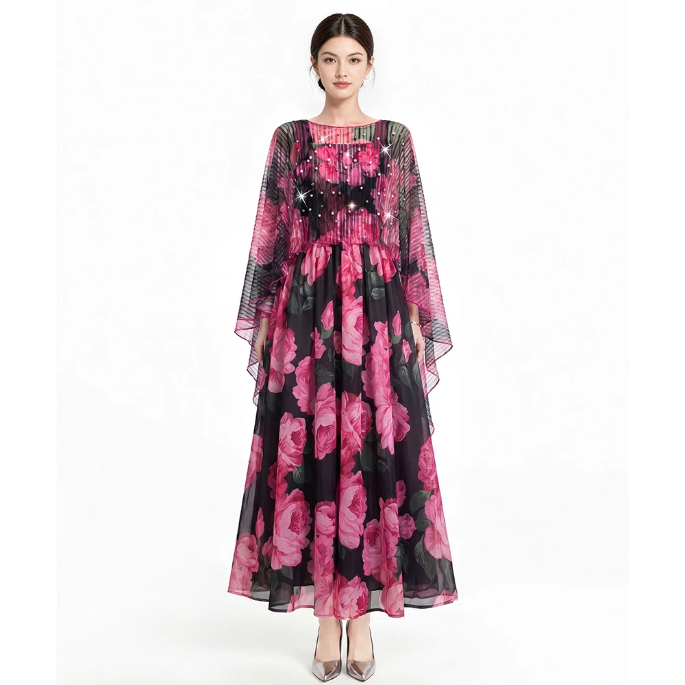 Fashion Miyake Women Flower Print Two Piece Pleated Dress Sets New Summer Beaded Cape Crop Tops and Sleeveless Long Maxi Dress S