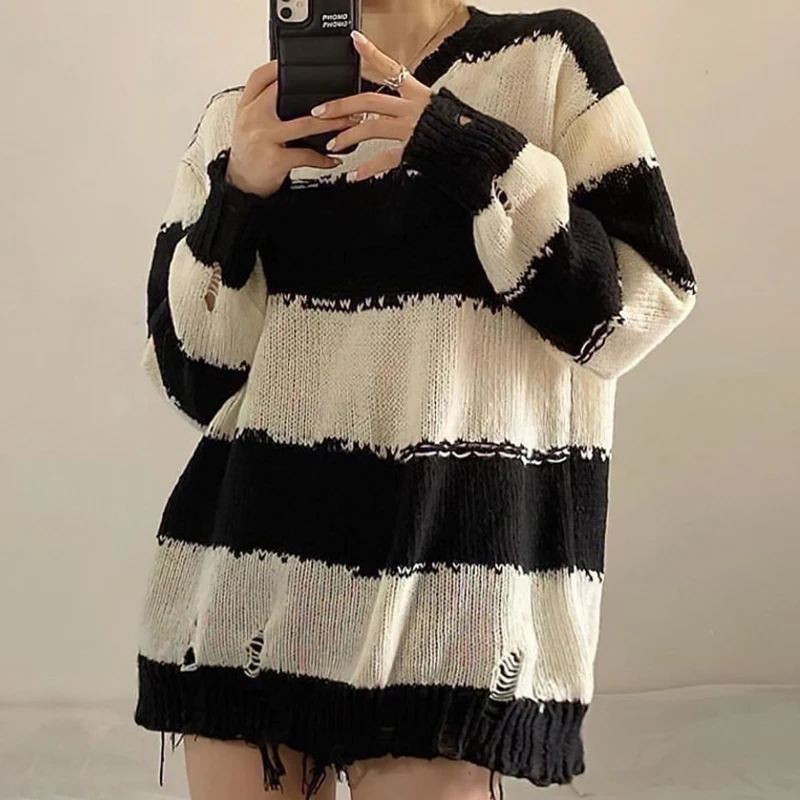 Striped Loose Sweater Knit Pullover Women Long Sleeve Top Hole Gothic American Street Style Korean Fashion Jumper Vintage Autumn