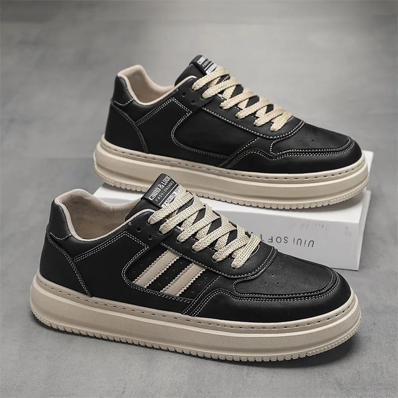 

New Shoes for Men Leather Casual Shoes Fashion Striped Flat Skateboard Shoes Lace-up Sneaker