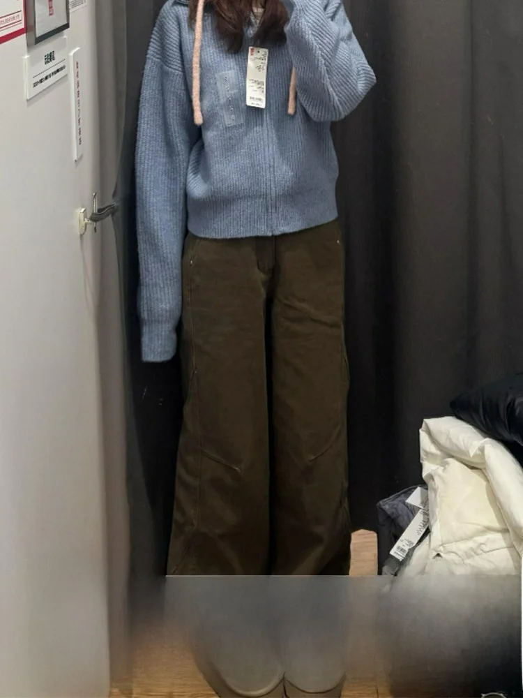 

Джинсовые брюки в американском стиле с высокой талией и широкими штанинами кофейного цвета, женские летние новые свободные брюки, скрывающие фигуру, для фигуры типа «груша»