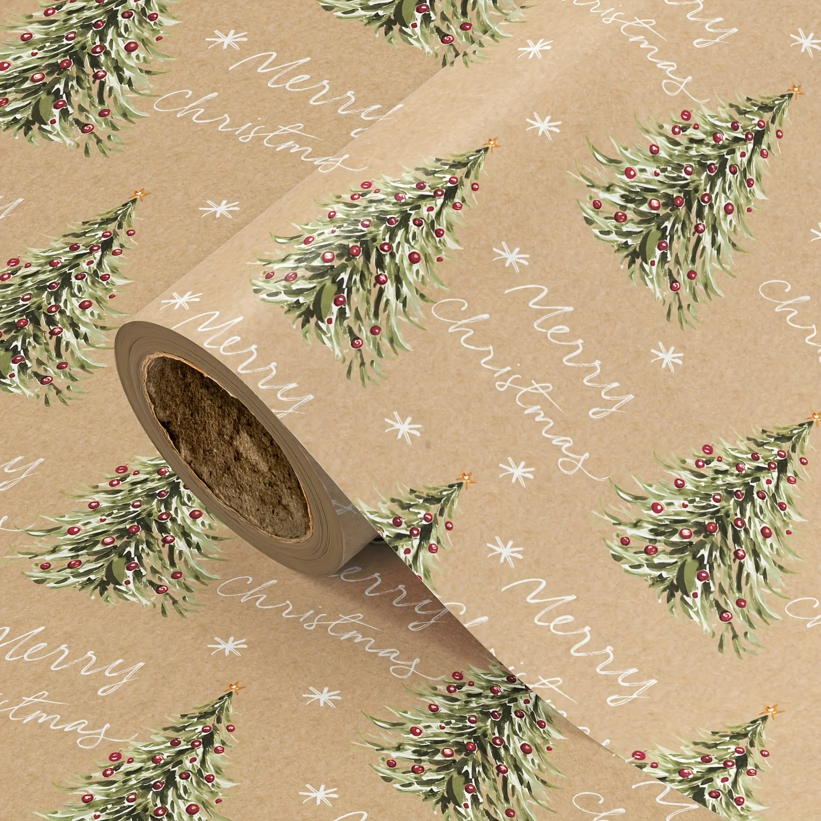 1 Roll Christmas Wrapping Paper | Brown - Background Christmas Trees And Snowflakes Pattern for Christmas Gifting, Decoration