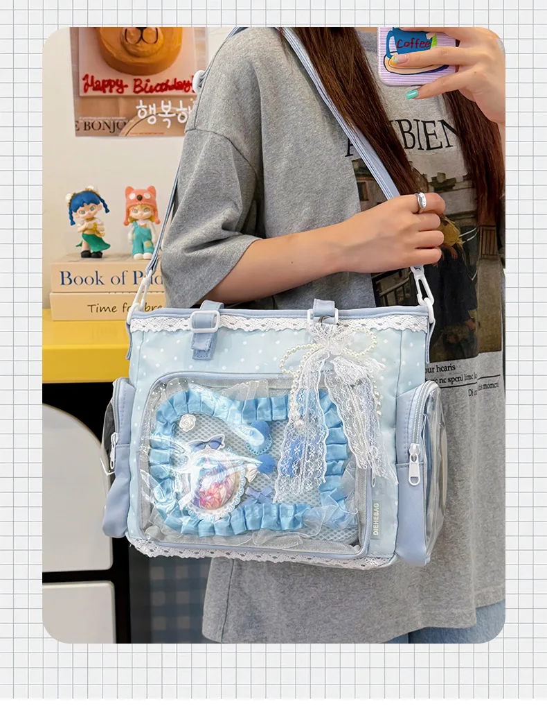 Neue Kawaii Leichte Umhängetasche Anime Transparente Ita-Tasche Damen Schulter-Crossbody-Tasche Modische Polka-Dot-Schleifen-Tragetasche – Detail 2