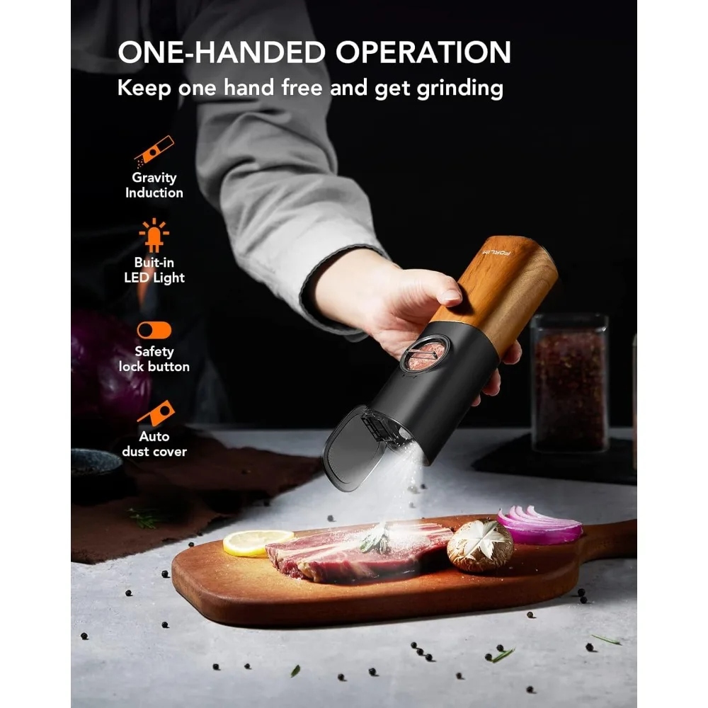 مجموعة مطحنة الملح والفلفل الكهربائية، سعة كبيرة مطورة، خشونة قابلة للتعديل مع ضوء LED (حبوب الخشب الطبيعي)