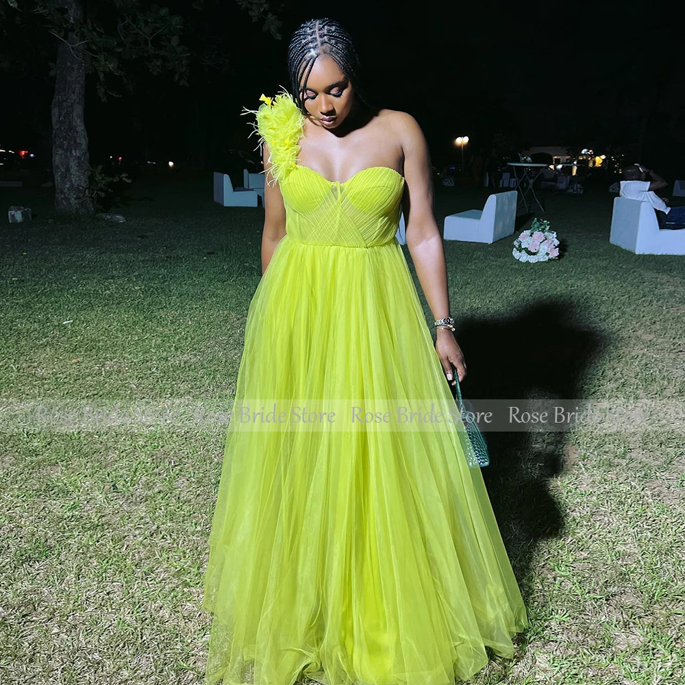 Mint Graduation Prom Dress for Youth Long One Shoulder Feather Flower Evening Dresses Sweetheart A Line Pleat Tulle Formal Gowns