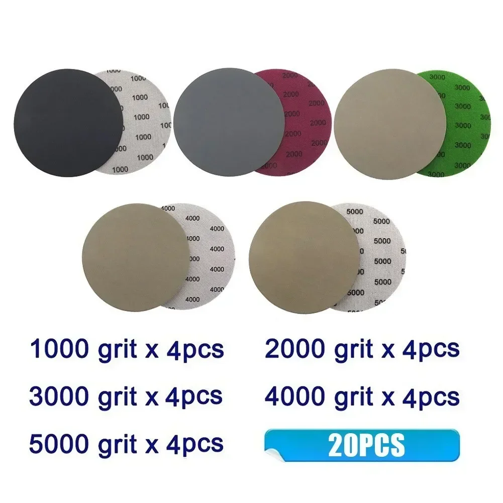 20Pcs 5 Inch Hook And Loop Sandpaper Water Sanding Discs 1000 2000 3000 4000 5000 Grit For Auto Metal Wood Polishing