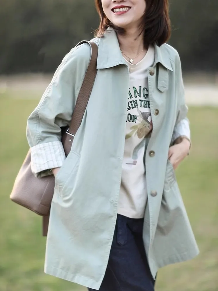 

Elegant Simple Style Women's Long Coat Spring Autumn Casual Loose Fit Large Size Shirt Jacket Bamboo Cotton Spring Wear