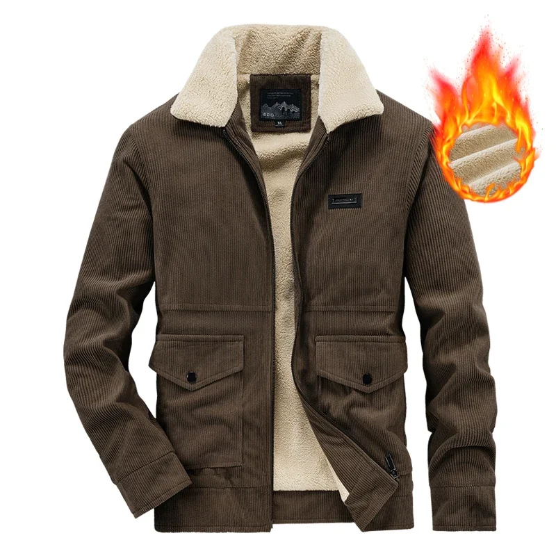 2026 New Mens Winter Thickened Lamb Wool Lined Corduroy Coat Fur Collar Windproof Cold Proof Stylish Cotton Jacket