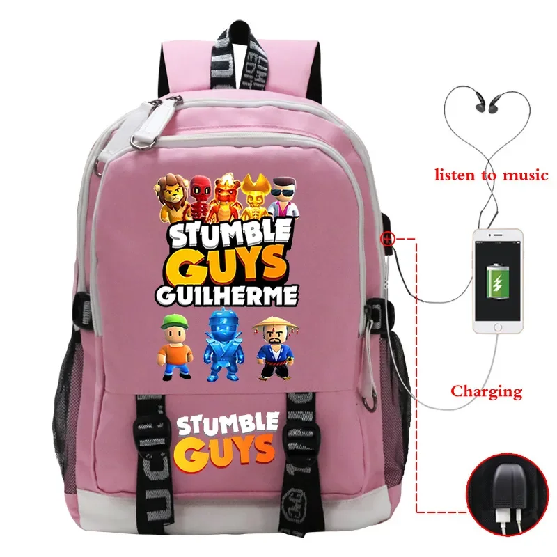 Game Stumble Guys Backpack Teenager Students School Bag USB Charging Port Laptop Bag Cartoon Nylon Rucksack Boys Bookbag Mochila