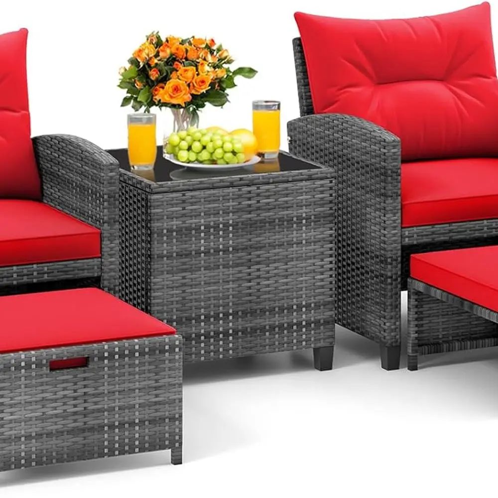 

Плетеный набор для патио из 5 предметов с пуфиками, зона для бесед на открытом воздухе с журнальным столиком и подушками, стулья из полиэтиленового ротанга для заднего двора,