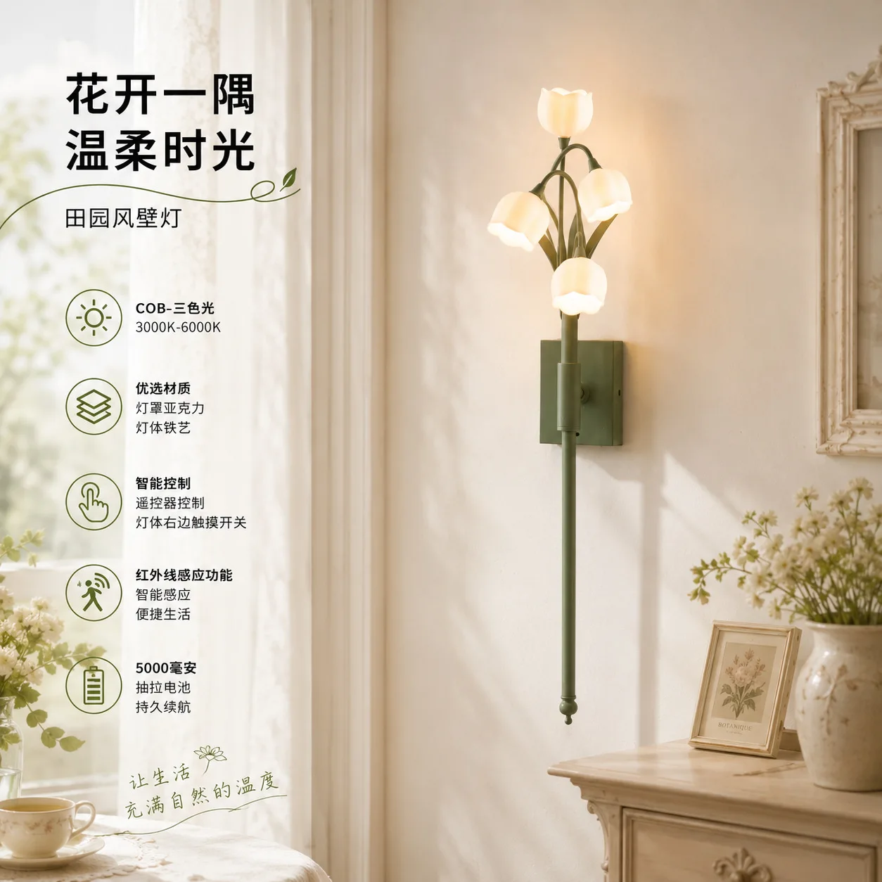 French Rural Retro Green Pc Wall Lamp Nordic Home Theme Room Corridor Living Room Led Lily Of The Valley Flower Plant Lighting