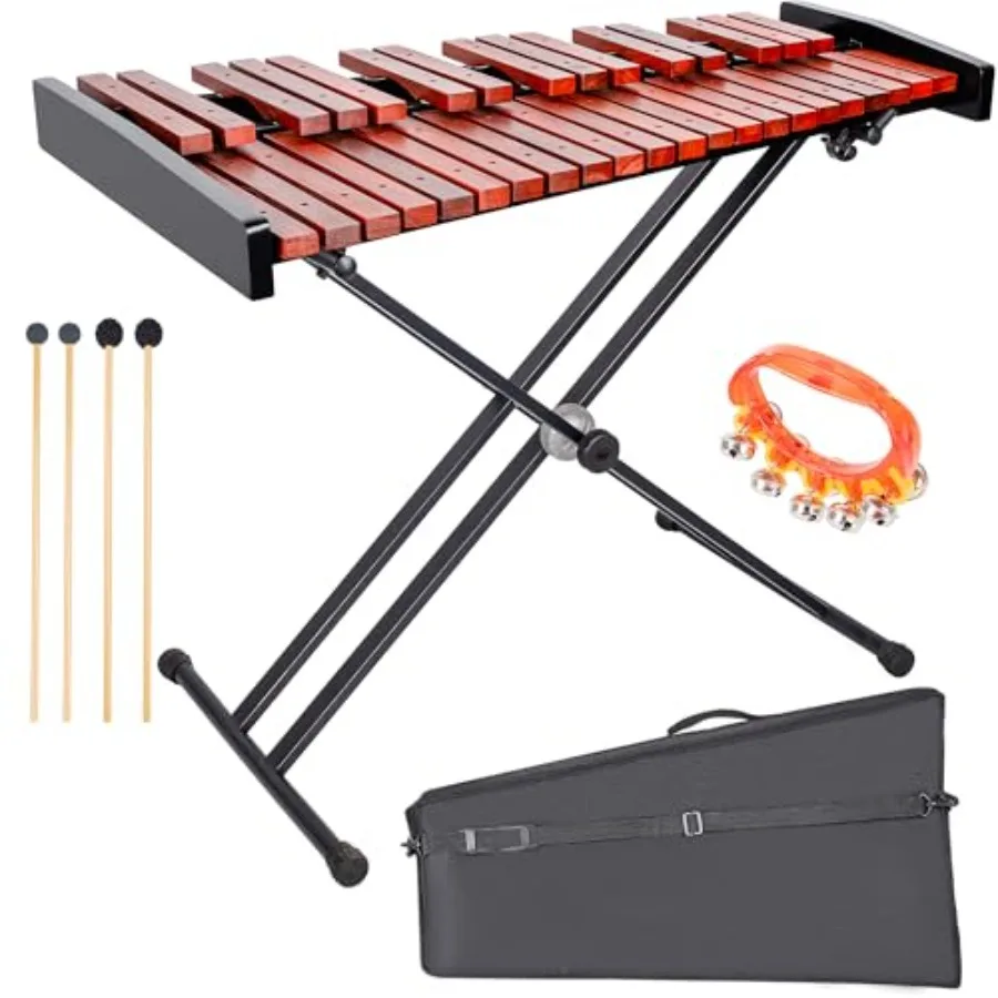 

37 Note Xylophone Professional Wooden Glockenspiel with Height Adjustable Stand 4 Mallets Hand Bell and Carry Bag in Natural Wo