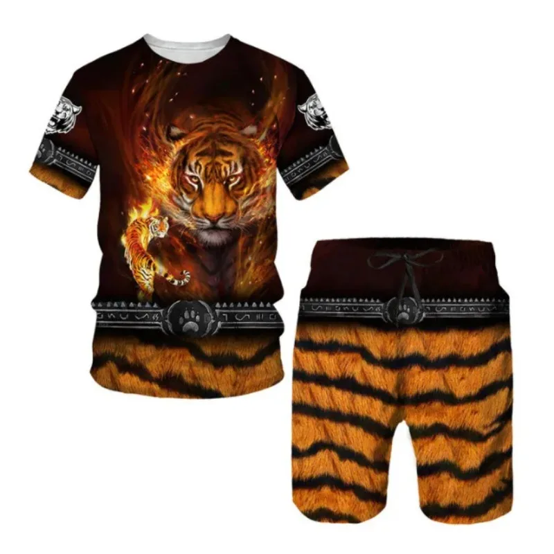 2025 New Summer Men's Set Shorts Set 3D Tiger Print Casual Sportswear Beach Sportswear Short Sleeved Shorts Two-piece Set