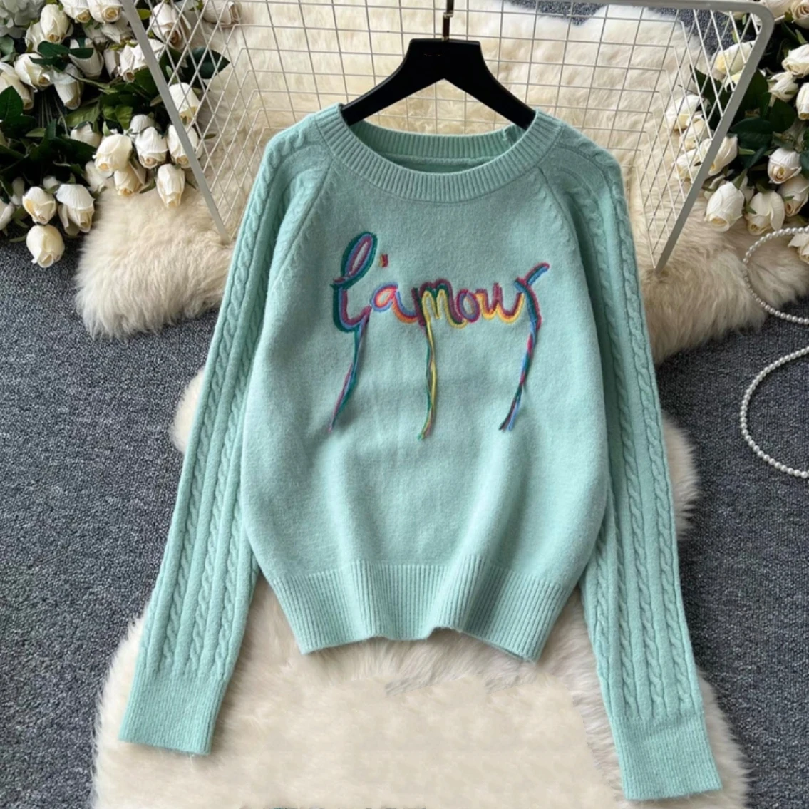 Korea Fashion Tassel Embroidery Oversized Sweater Women Autumn Casual O-neck Knitted Tops Commute Loose Pullovers Jumper