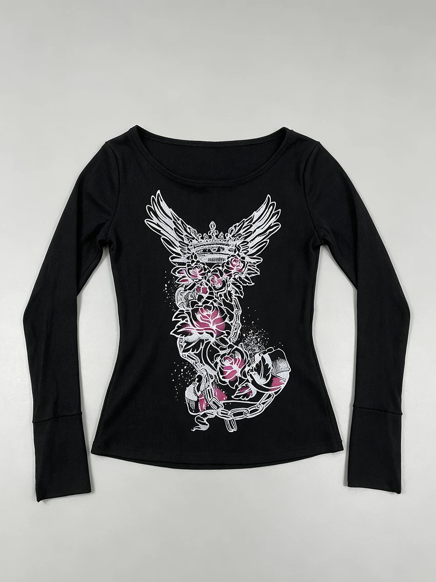 Women Y2K Gothic Aesthetics Long Sleeve Tees Skull Wing Rose Print Boat Neck Thumb Hole Slim Harajuku Retro Street Fashion Tops
