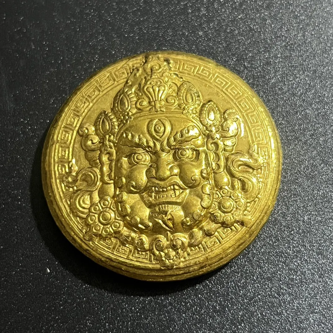 Tibetan Antique Hand Chiseled Yellow Jambhala Gold Disc Round Carving Wealth Luck Solid Gold Coin
