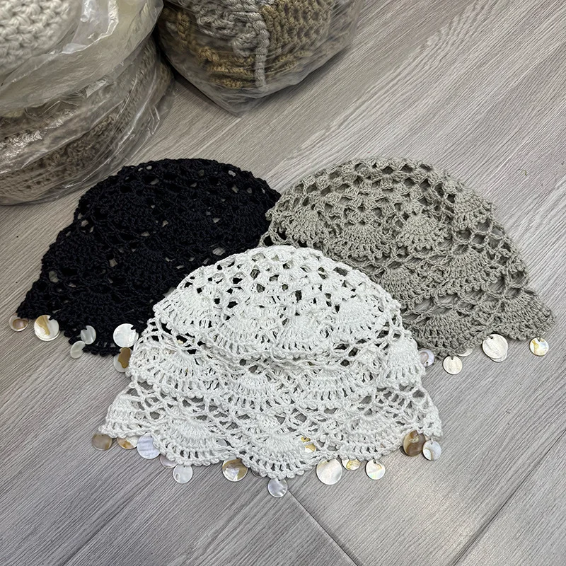 New Shell Disc Tassel Hand-knitted Pullover Hat for Women Spring and Summer Ethnic Style Breathable Hollow Knitted Beanie Caps