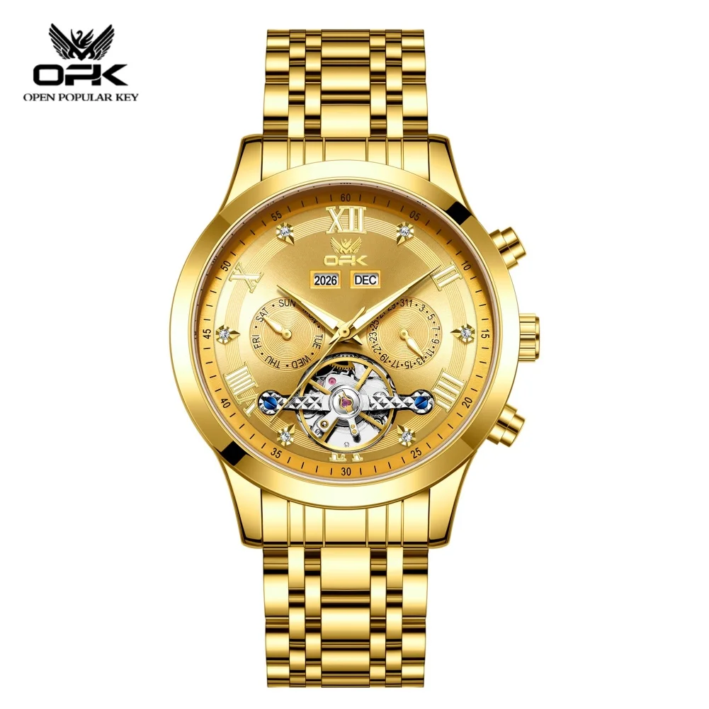 OPK Men's Luxury Mechanical Watch Waterproof Multifunctional Luminous Hollow Flywheel Light-Up Feature