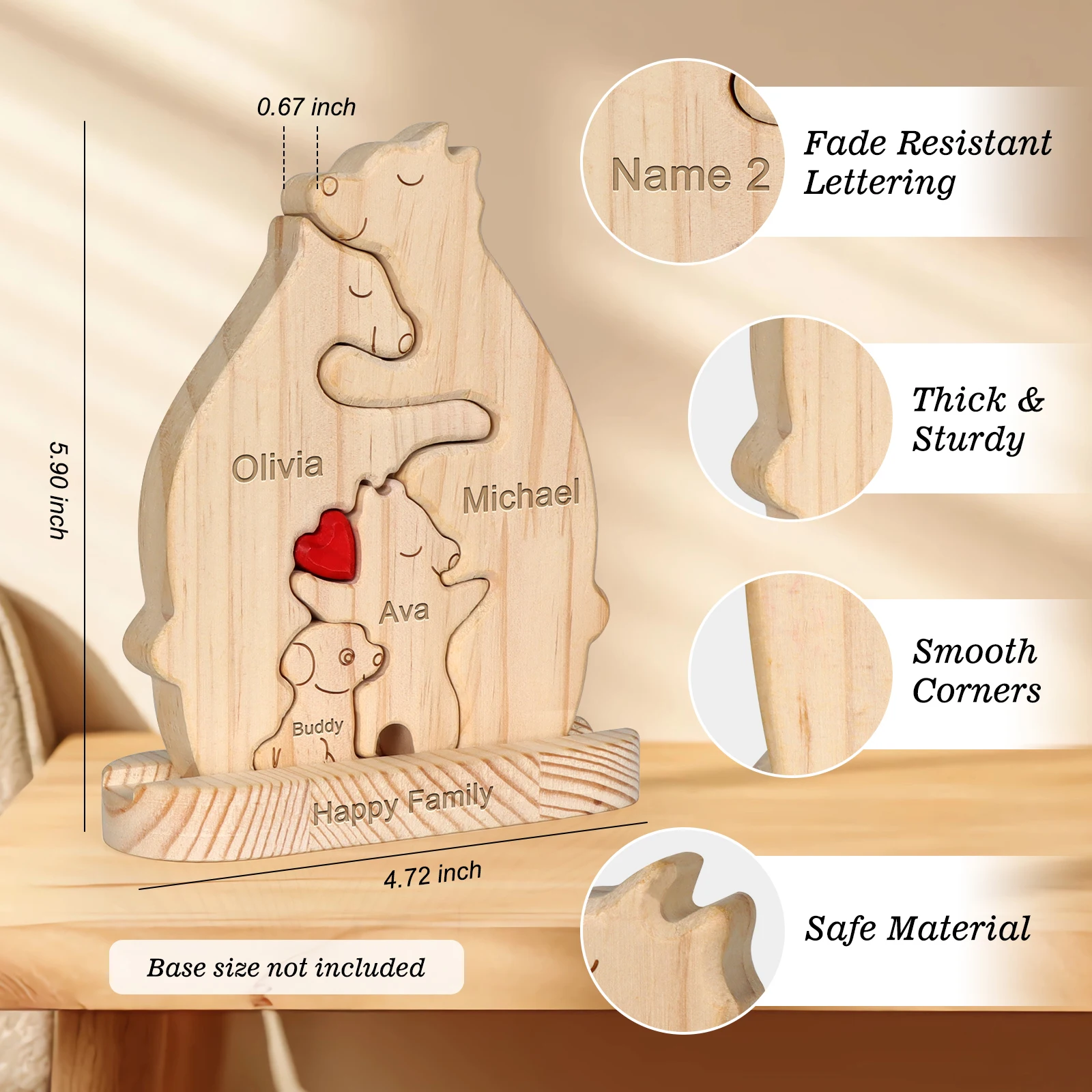 Animal Family Ornaments DIY Wood Carving Free Engraving Personalized Bear family with dog Wooden Sculpture Mother\'s Day gift