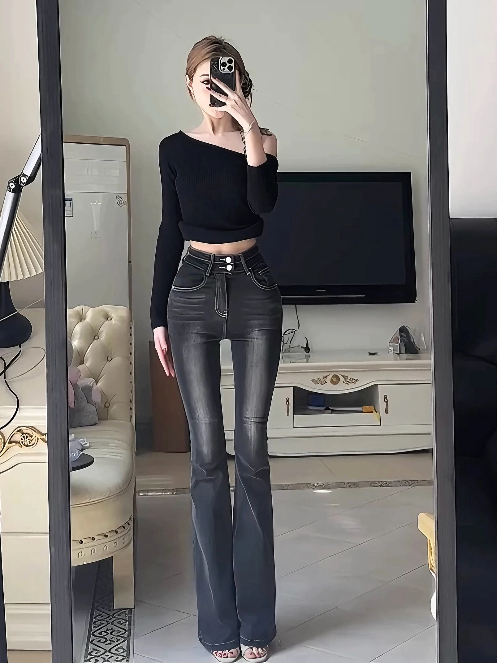 

Джинсы женские с высокой талией, прямые, с мультяшным принтом, в корейском стиле, для стройности, расклешенные, с эффектом подтяжки талии