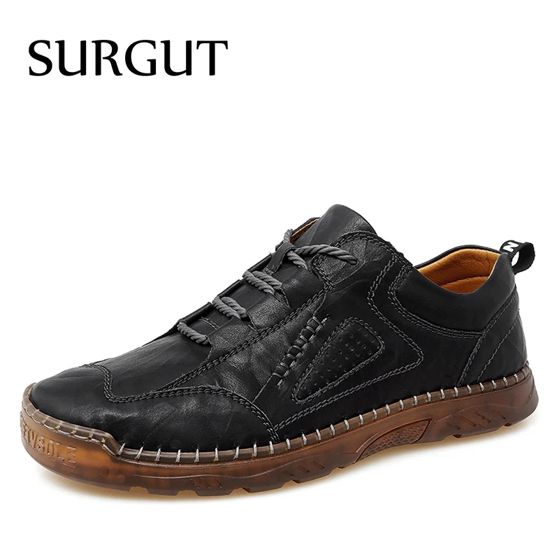 SURGUT Handmade Genuine Leather Casual Shoes Lace Up Outdoor Wear-resistant Men Shoes Trend Business Walking Shoes Soft Sneakers