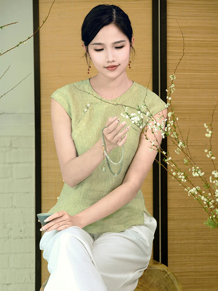 

isiyu Summer Cotton Linen Svel Top Slim Fit Chinese Sle round Ne Open Front Traditional round Collar Improved Top