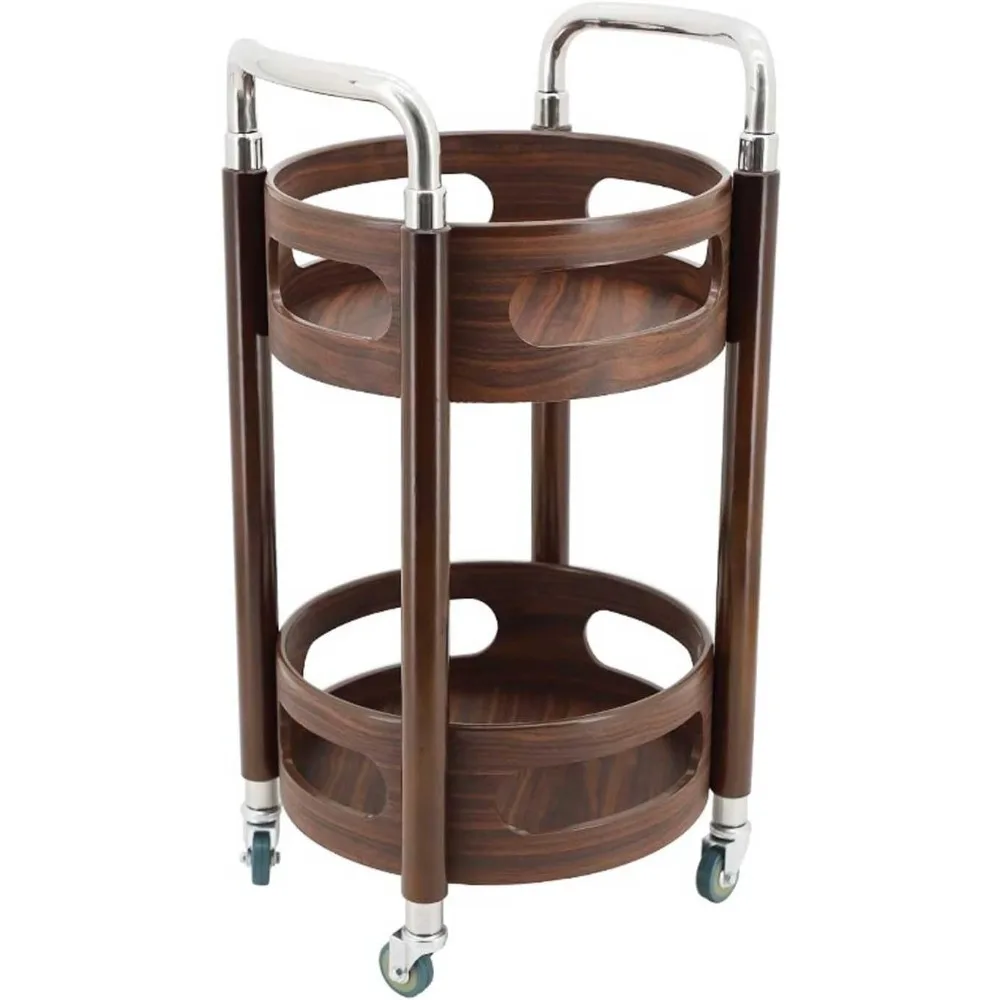 

Kitchen Island Trolley Round Walnut Colored Rolling Bar Cart Wine Rack and Lockable Casters, 2 Tier Wood Shelves Serving Cart