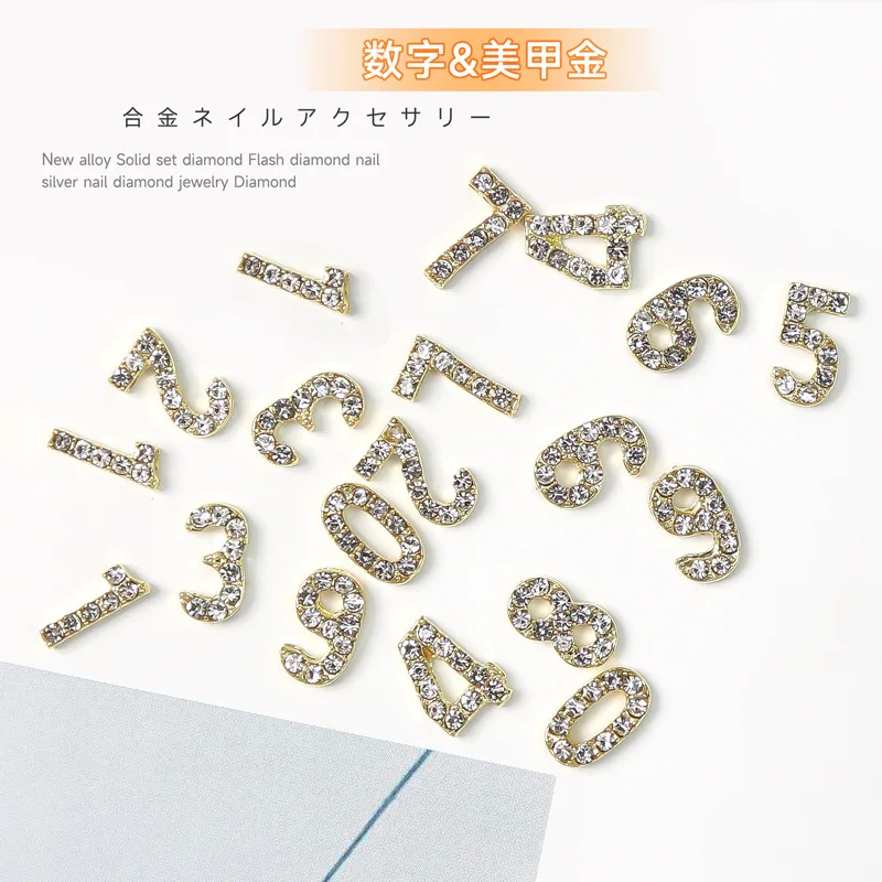 10PCS 3D Glitter Full Diamonds Inlaid Number 0 to 9 Alloy Nail Art Rhinestones Jewelry Decorations Manicure Phone Case Charms