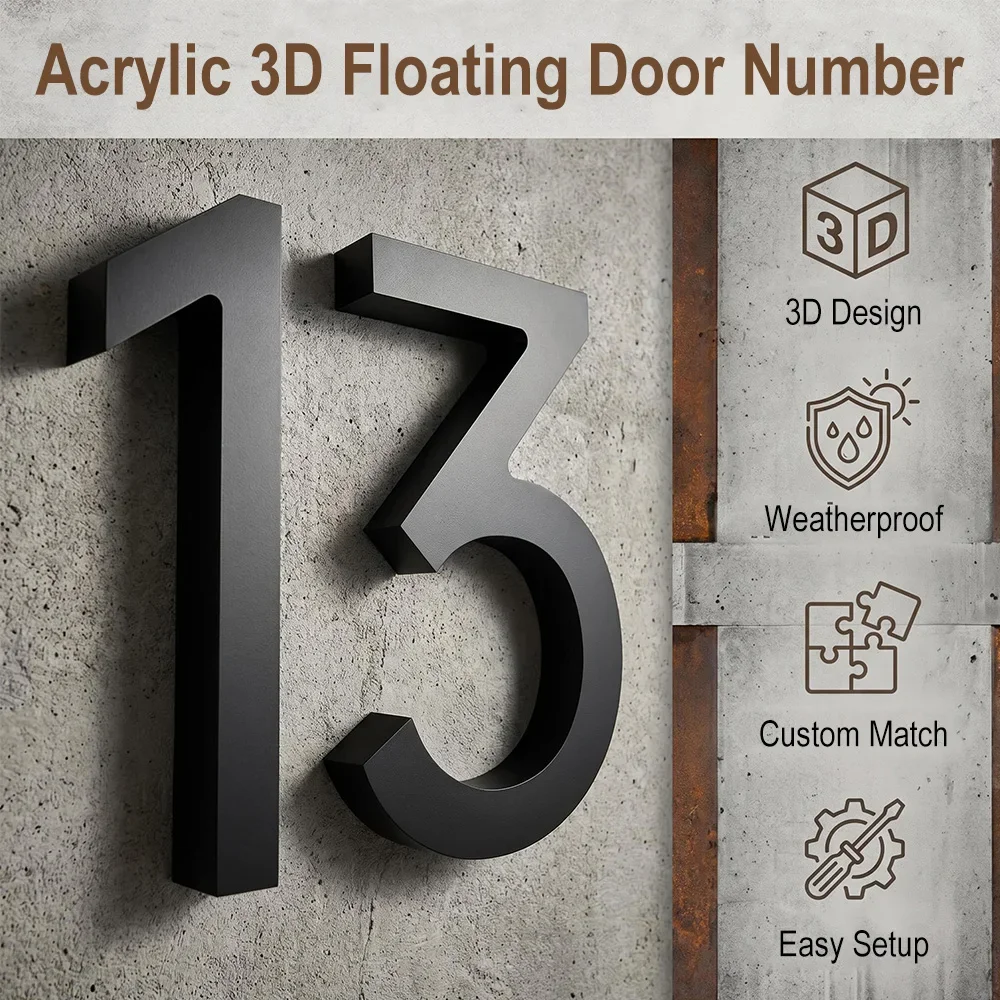 1pc Black 4/6/8/10 Inch 3D Floating House Number Modern Outdoor Door Mailbox Address Digits 0-9 A B with Screws