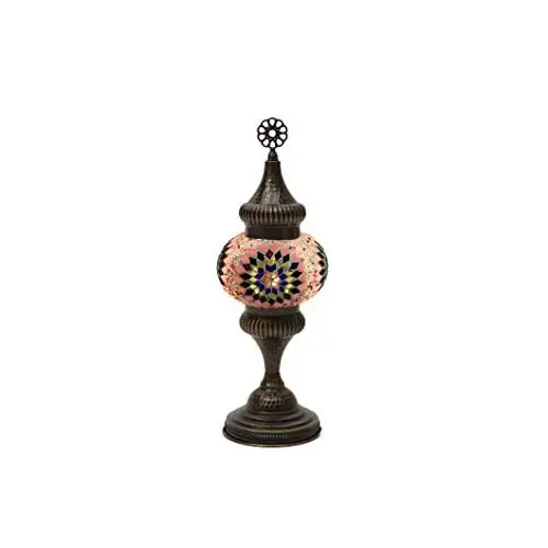 LaModaHome English Moroccan Handmade Mosaic Glass Table Lamp Light with Decorative Dark Polished Copper Fixture for Bedroom, Liv