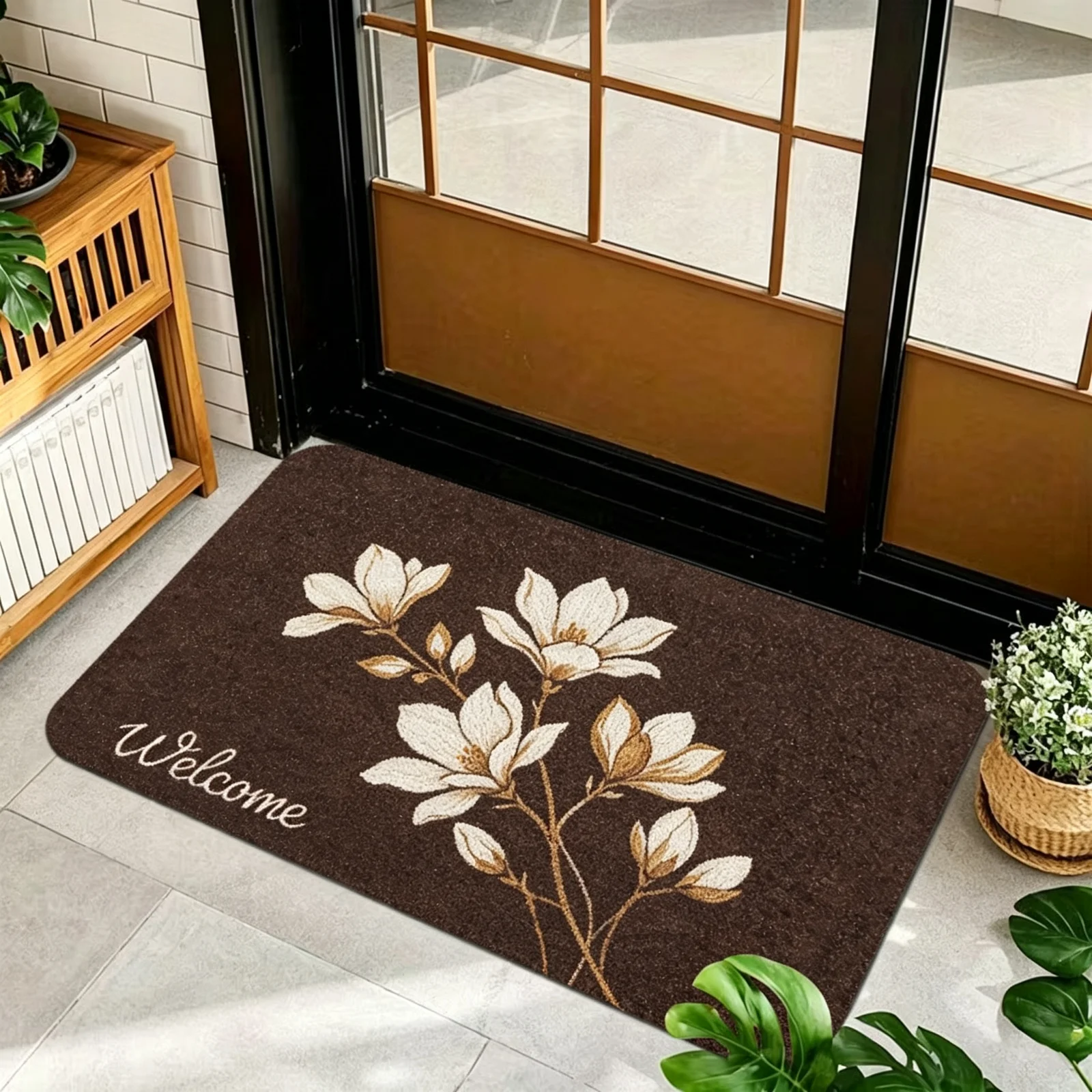 1 Piece, Dark Brown Base Flannel Floor Mat with Elegant Retro Style Gold, White, and Brown Ginkgo Leaf Patterns, with a Delicate and Eye-Catching White Grass Sign 'Welcome' on the Left. the Perfect Fusion of Natural Elements