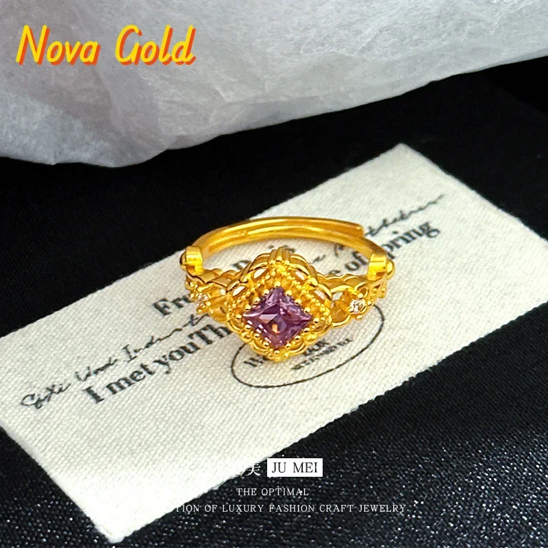 NovaGlod 24K real gold light luxury medieval style design lace purple star dot diamond ring  9999 white purple gem movable finge