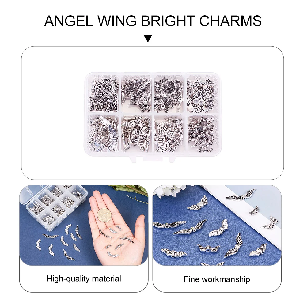 

160pcs 1 Box Mixed Angel Wing Charms Pendants Jewelry Diy Accessories Metal Alloy Charm For Handmade Necklaces Bracelets