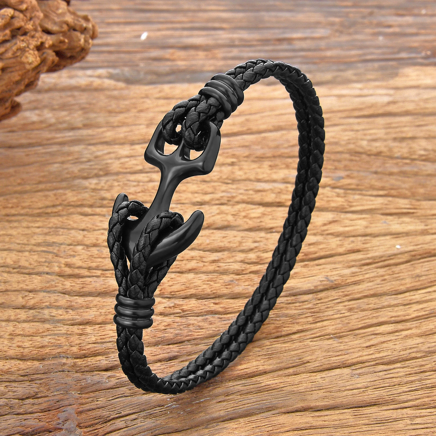 New in Classic Stainless Steel Anchor Bracelets Double Leather Bracelet & Bangles for Men Women Jewelry Black Color Fashion Gift
