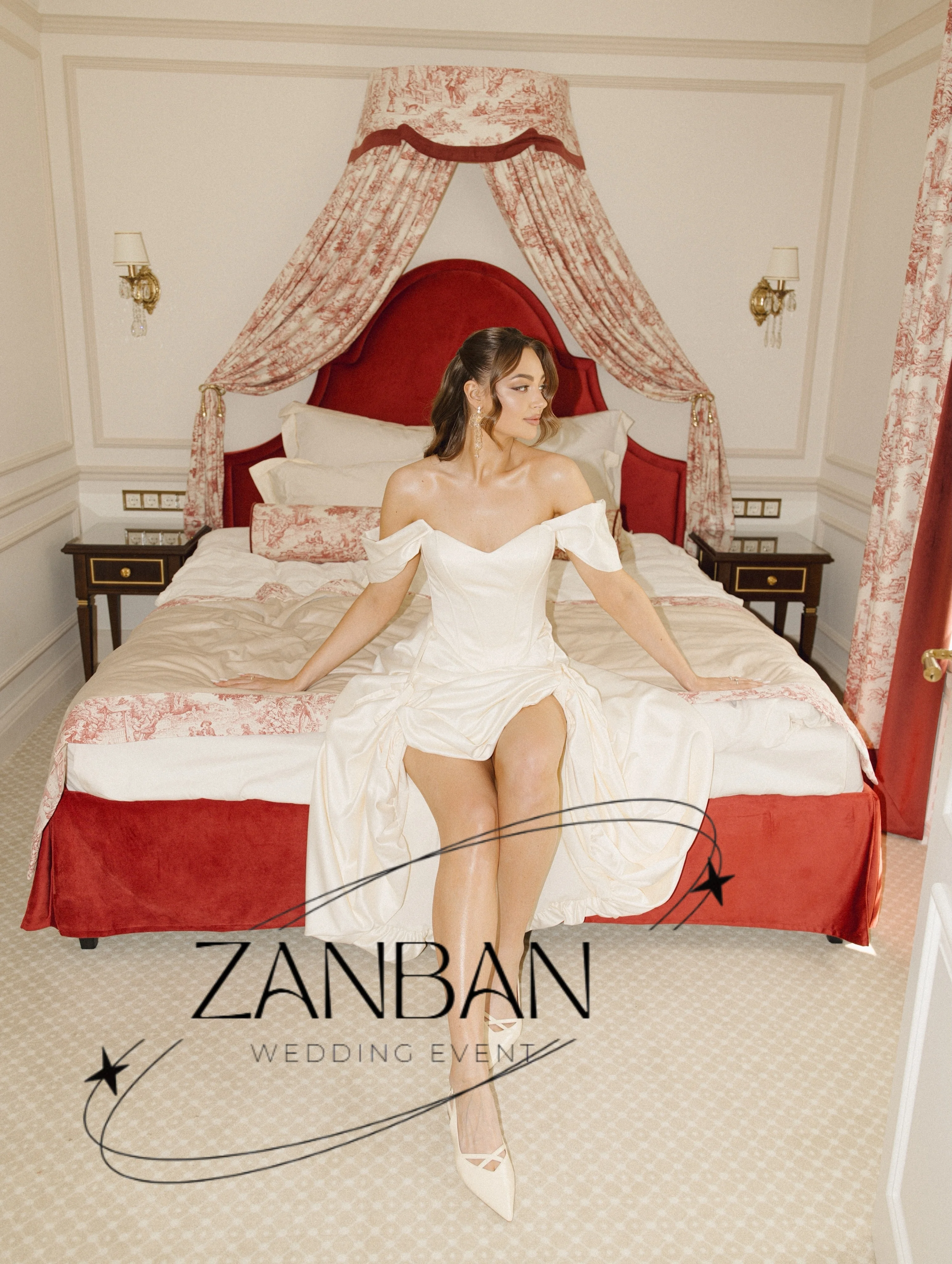 ZanBan Cream Satin Off Shoulder A-line Evening Gown Sweetheart Corset Bodice Drawstring Ruched High Slit Asymmetrical Midi Dress