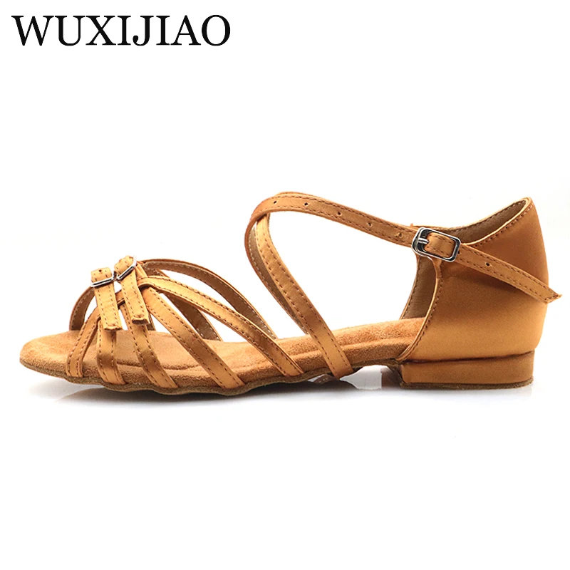 Ladies/Children Latin Dance Shoes with Barefoot Satin Ankle Strap and Low Heel Cha Cha Lombard Samba Performance Training