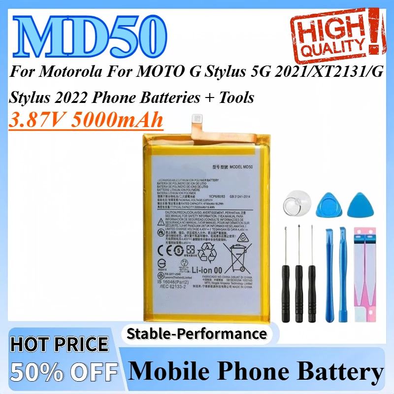 3.87V 5000mAh MD50 Mobile Phone Battery For Motorola For MOTO G Stylus 5G 2021/XT2131/G Stylus 2022 Phone Batteries + Tools
